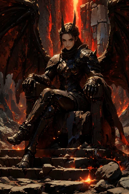 Anime style, Anime art.

From a low, upward-facing full-body perspective, a breathtaking anime-style fantasy scene unfolds within the heart of a colossal dragon’s cave. The background is dominated by jagged obsidian walls and streams of molten lava, casting an eerie red glow across the cavernous space. At the center, atop a staircase of volcanic black stone, rests a towering obsidian throne carved with menacing precision. Flames flicker around its base, and molten cracks pulse like veins of living fire.

Seated upon this throne is a regal and fearsome figure—the Black Dragon Princess, having assumed her human form yet retaining the terrifying majesty of her true nature. Her skin is flawlessly pale, glowing with a cold luminance that contrasts against the infernal surroundings. Her face is exquisitely beautiful, drawn in the style of high-end Japanese anime—large, expressive eyes, sharp delicate features, and a mischievous smile playing on her lips, hinting at the thrill of spotting fresh prey. She exudes both elegance and danger.

Despite her humanoid form, her draconic essence remains unhidden. Sharp, obsidian-black horns curve from her head with sinister grace. A pair of massive black dragon wings stretches behind her, semi-folded and casting immense shadows against the stone wall. Her posture is relaxed yet commanding—one leg crossed over the other, arms resting upon the armrests like a queen surveying her dominion.

She wears an intricate suit of armor forged from volcanic obsidian—glossy, dark, and terrifyingly elegant. The chestplate and pauldrons are engraved with glowing lava veins, radiating a soft, ember-like light. The shoulder armor is crowned with stylized dragon-head carvings, snarling with eternal menace. Draped behind her, a tattered black cloak flows downward like a shadow born of flame, its edges singed and curling from the ambient heat.

Rendered in ultra high definition 8K resolution, the scene bursts with cinematic clarity. Every surface—stone, scale, metal, and molten lava—is depicted with photorealistic texture and lighting. The dynamic interplay of light and shadow enhances the surreal atmosphere, while dramatic cinematic lighting highlights the sharp angles of the throne, the glint of her armor, and the flickering gleam in her eyes. This is the moment when beauty, power, and danger merge into a single unforgettable image—the sovereign Black Dragon Princess, enthroned in the heart of the abyss.