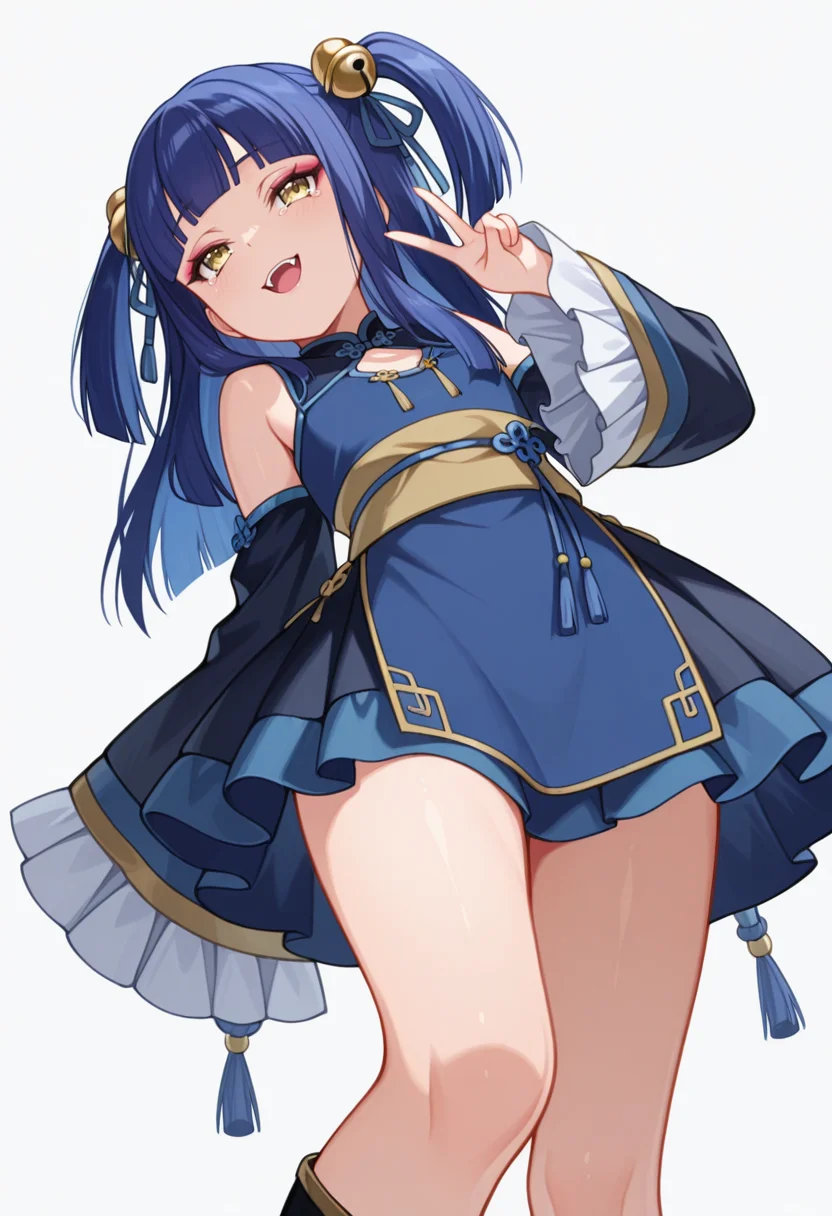 Smooth Quality,masterpiece,very intricate, high quality details, ultra realistic, high detailed skin,detailed enviorement,absurdres,
inward v,
<lora:Ranran_CNR:0.8> ranran_cnr,1girl, blue hair, long hair, two side up, blunt bangs, yellow eyes, fangs, hair ornament, hair bell,hair ribbon, hair bobbles,makeup, ranran_cnr_def, bare shoulders,chinese clothes, blue dress,detached sleeves, wide sleeves, long sleeves, sleeves past wrists, frilled sleeves, sash,black footwear,, naughty face,, simple background, white background, from below,solo,