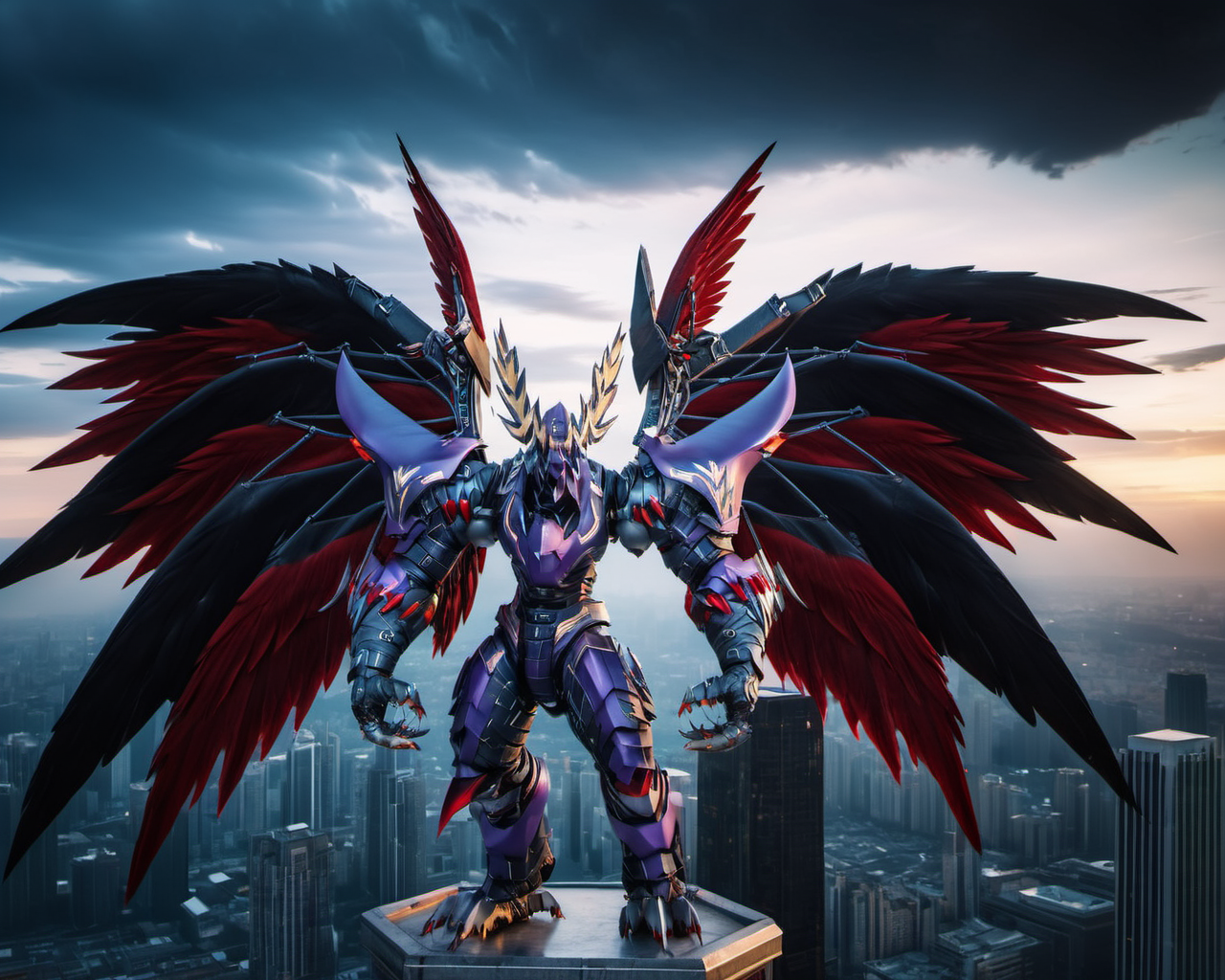 a  winged dexdoru looming over a cityscape,raw photo,8k,cinematic shot,professional lighting, <lora:Dexdorugoramon:0.85>