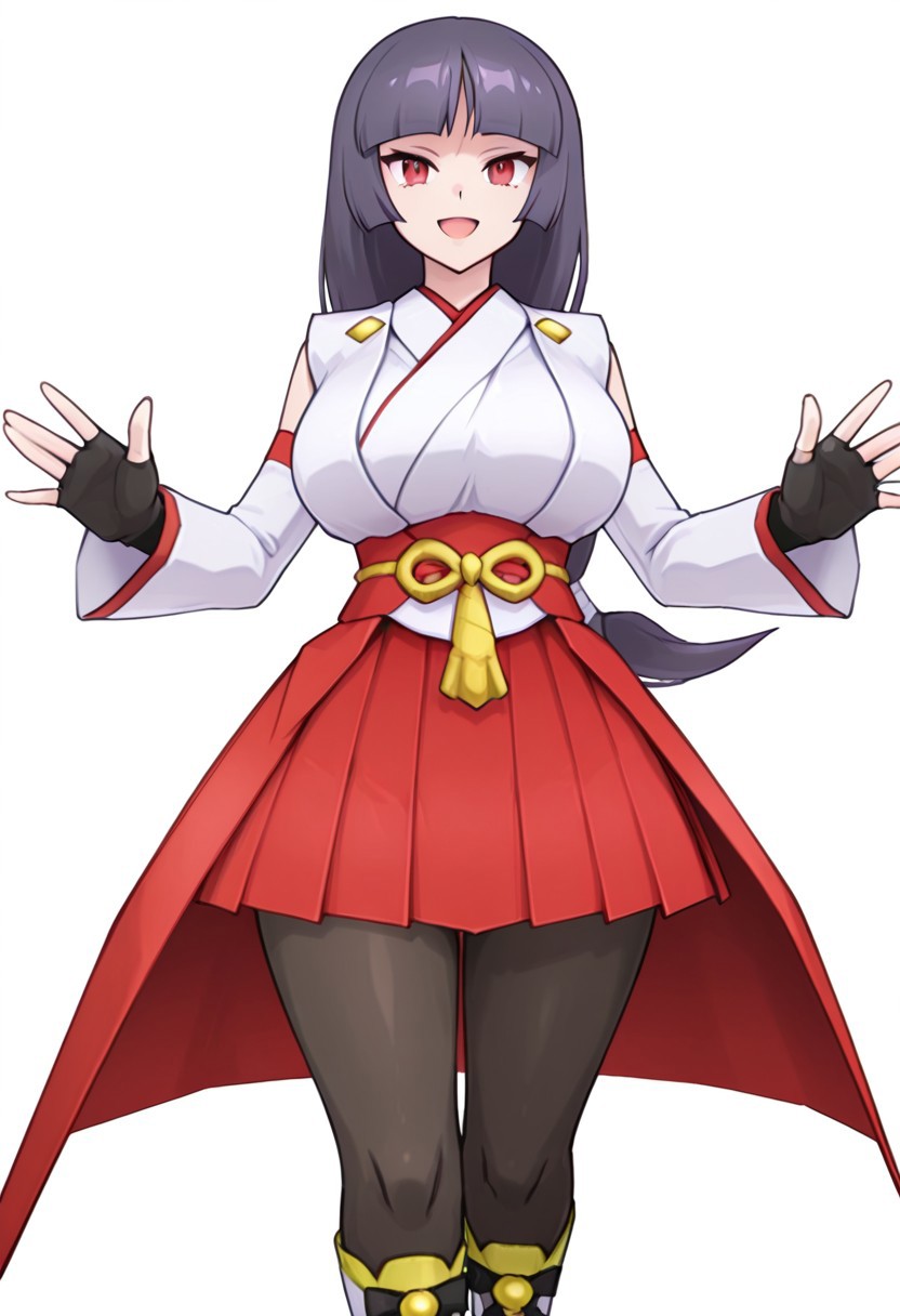score_9,score_8_up,score_7_up,source_anime,5_figner,2d_animation,game cg,BREKE,1girl,solo,
zzSabrina, red eyes, long hair, blunt bangs, sabrina (pokemon), purple hair, black hair, 
NYS-W,japanese clothes, miko,sash, detached sleeves,red hakama,red obi,black pantyhose,boots,fingerless gloves,
smile,cowboyshot,openmouth,
huge breasts,thick hips,thick thighs,thick waist,disproportionate breasts,
curves,glamour,
simple background,white background,
masterpiece,best qualit,ultra-detailed,illustration,an extremely delicate and beautiful,beautiful detailed eyes,unity 8k wallpaper,high resolution,anime CG,official_art,Erotic_style, anime_coloring, anime_screencap,