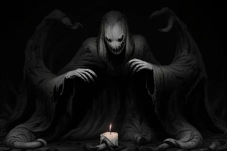 Photography, photorealistic, insanely real life detailed, 8k, highest resolution possible, sharp focus, taken with professional DSLR and lenses, cinematic, taken best skilled cinematographer, 
mong, monster, horror \(haunted house\), Darkness,
haunted house,night,dark,sparse Candlelight, creepy, scary,terrifying
horror movie atmosphere, cinematic dark night time lighting and dramatic shadows,