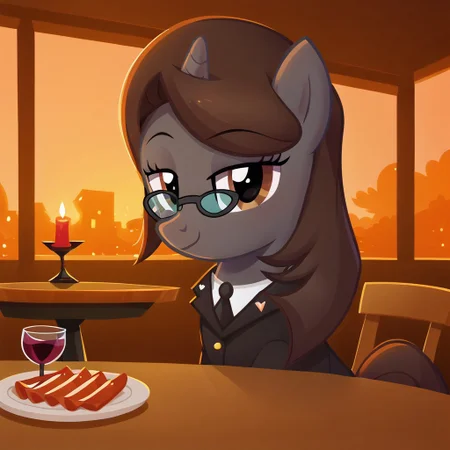 masterpiece, perfect detail, best high quality, source_pony, show accurate, cute, 1girl, 1man, solo, female, oc:sonata, glasses, attorney suit, badge on collar, pony, tail, sitting, sitting in chair, table, wine glass, plates, silverware, forks, knives, napkins, fancy restaurant, dinner, candles, windows, sunset, smile, closed mouth, beautiful, pov, bedroom eyes, looking at you, human male, offscreen character, sitting across from character, suit, hands on table, score_9, score_8_up, score_7_up, score_6_up, score_5_up, score_4_up