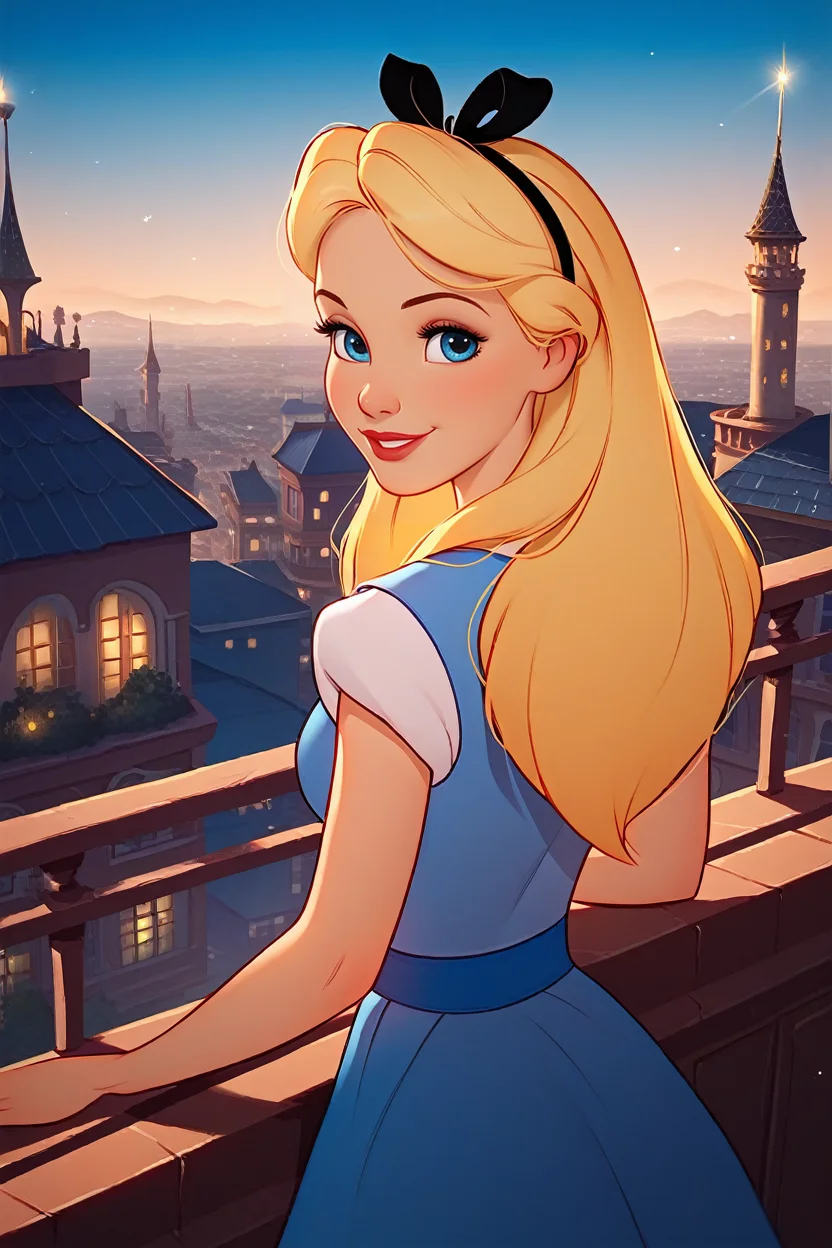 score_9, score_8_up, score_7_up,
<lora:DisneyAlice:1.0>
DisneyAlice, 1girl, blonde hair, blue eyes, long hair, hairband, looking at viewer, confident smile, leaning against railing, looking back, rooftop terrace, city lights, nighttime