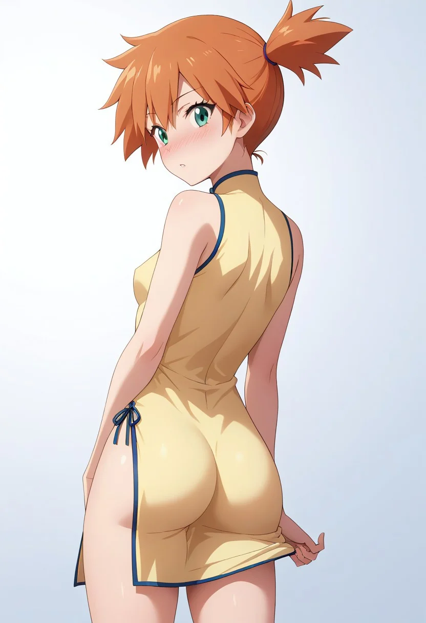 score_9, score_8_up, score_7_up, score_6_up, masterpiece, best quality,uncensored, 1 girl, tall slender body, thin thighs, misty, pokemon, green eyes, orange hair, sexy toned body, medium breast size, purple eyes, perfect eyes, china dress, view from behind, nose blush, clothes caught between ass,