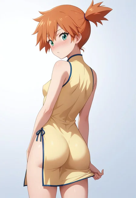 score_9, score_8_up, score_7_up, score_6_up, masterpiece, best quality,uncensored, 1 girl, tall slender body, thin thighs, misty, pokemon, green eyes, orange hair, sexy toned body, medium breast size, purple eyes, perfect eyes, china dress, view from behind, nose blush, clothes caught between ass,