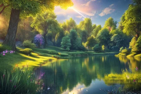 (masterpiece:1.2), (best quality,:1.2), 8k, HDR, ultra detailed, ((photorealistic)), professional light, cinematic lighting, fashion photography, ambient lighting, face lighting,  <lora:detail_slider_v4:4.>, a small lake in a forest, sunlight, godrays, reeds, FanFo, <lora:FantasyForest-10:0.9>, epiCPhoto