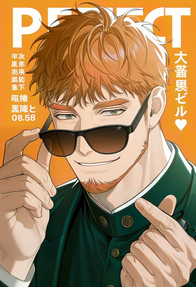 masterpiece, best quality, newest, absurdres, anime screencap, intricate details, good quality, very awa, highres, perfect proportions, perfect eyes, amazing quality, very aesthetic,  (emya:0.4), [(alzi xiaomi:0.6)::0.3], (kkia:0.8), 1boy, hebar0n, orange_hebar0n_hair, green_hebar0n_eyes, male focus, solo, bara, green eyes, manly,  magazine cover, upper body, text background, japanese text, orange background, dutch angle, dynamic pose, advertising poster style,  green suit, looking at viewer, sunglasses, removing eyewear, finger heart, pink heart, parted lips, smile,  shadow, dynamic angle, dynamic action, atmospheric perspective, intricate lighting, intricately detailed illustration, depth of field,
 <lora:Hebaron_Nirta_Under_the_Oak_Tree:1> 
 <lora:detailed hand focus style illustriousXL v1:1> <lora:IL_Detail_Slider_LoRA_Illustrious_XL:2> <lora:Dramatic Lighting Slider:2> <lora:SDXL_Control_LoRA_Collection:0.4>