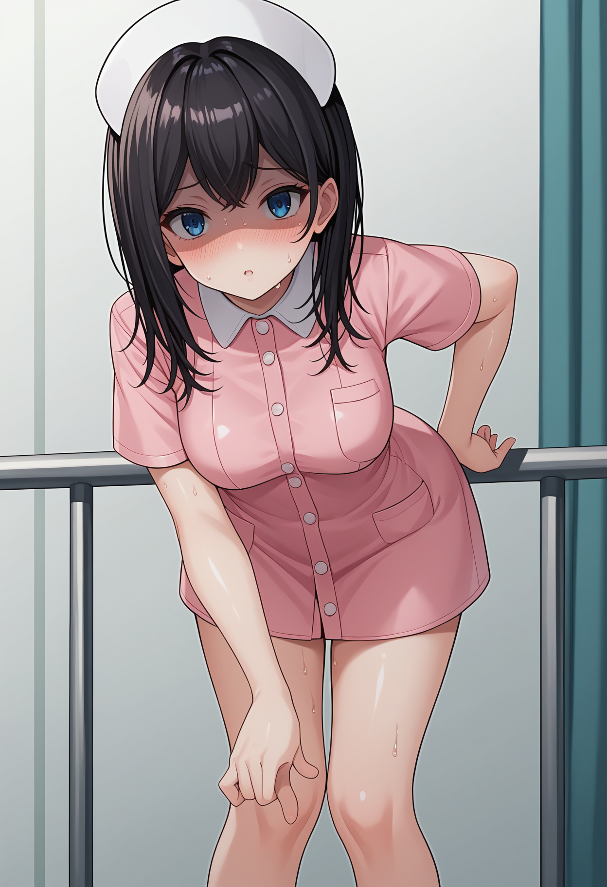 score_9, score_8_up, score_7_up, source_anime,
BREAK
1girl, solo, 
<lora:shiYumenaIshikawaV1:1>, shinishikawa, 
long hair, hair between eyes, blue eyes, pink shirt, black hair, white headwear, 
nurse cap, nurse, short sleeves, pink dress, thighs, legs, standing, 
medium breasts, shiny skin, 
looking at viewer, parted lips, blush, aroused, sweat, 
leaning forward, pointing at viewer, hand on own hip, shaded face,