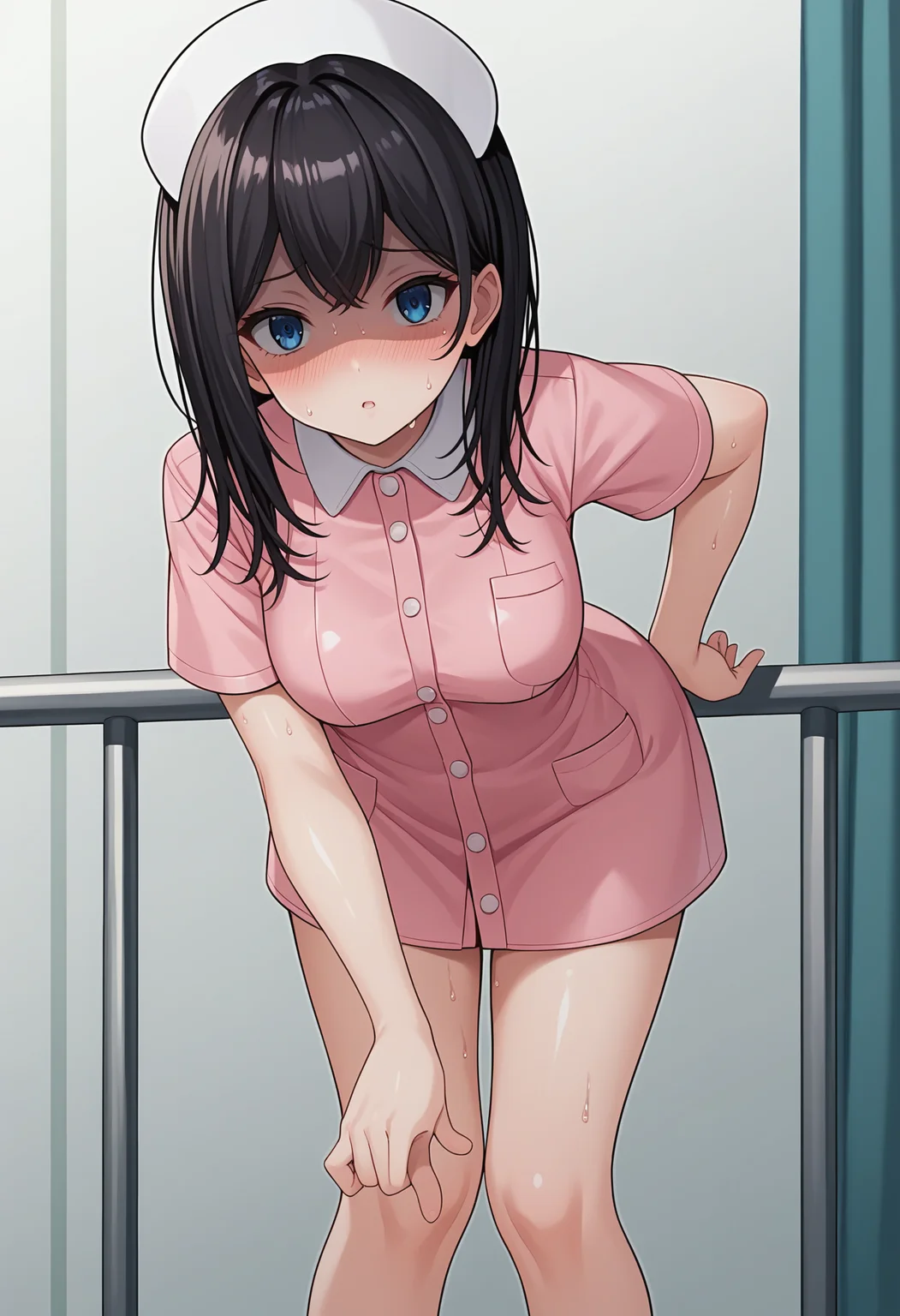 score_9, score_8_up, score_7_up, source_anime,
BREAK
1girl, solo, 
<lora:shiYumenaIshikawaV1:1>, shinishikawa, 
long hair, hair between eyes, blue eyes, pink shirt, black hair, white headwear, 
nurse cap, nurse, short sleeves, pink dress, thighs, legs, standing, 
medium breasts, shiny skin, 
looking at viewer, parted lips, blush, aroused, sweat, 
leaning forward, pointing at viewer, hand on own hip, shaded face,