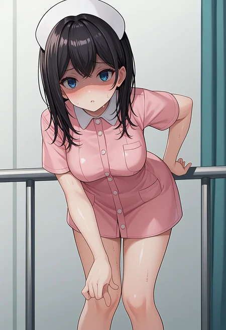 score_9, score_8_up, score_7_up, source_anime,
BREAK
1girl, solo,
<lora:shiYumenaIshikawaV1:1>, shinishikawa,
long hair, hair between eyes, blue eyes, pink shirt, black hair, white headwear,
nurse cap, nurse, short sleeves, pink dress, thighs, legs, standing,
medium breasts, shiny skin,
looking at viewer, parted lips, blush, aroused, sweat,
leaning forward, pointing at viewer, hand on own hip, shaded face,