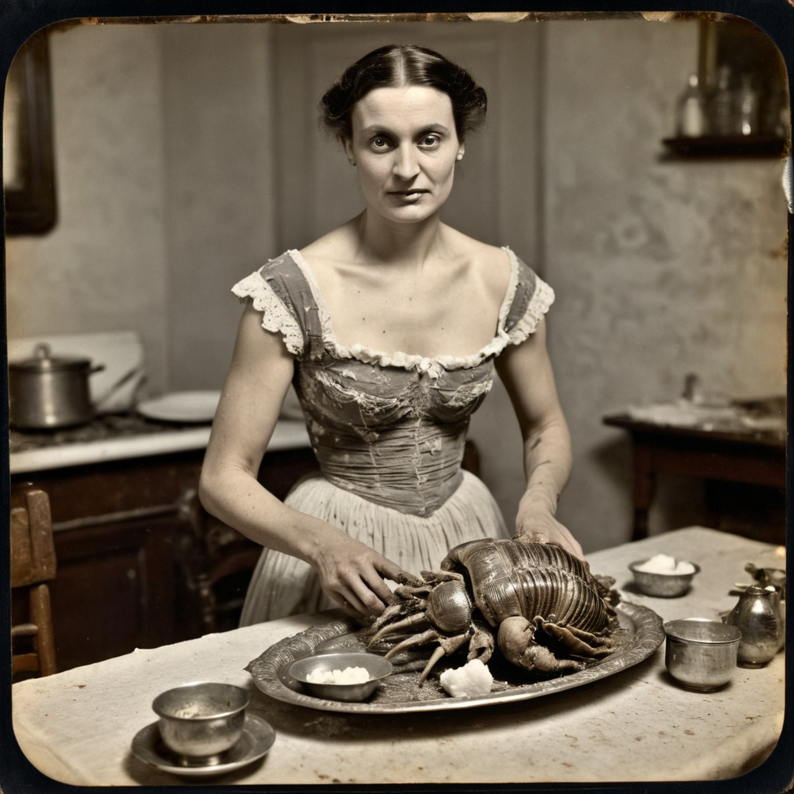 daguerreotype of circa 1850 woman, putting a platter of roasted alien turkey trilobites on a dirty dining table, in old kitchen, wearing a cotton revealing sexy dirty old ripped dress made of cotton, detailed face, monsters, intricate detail