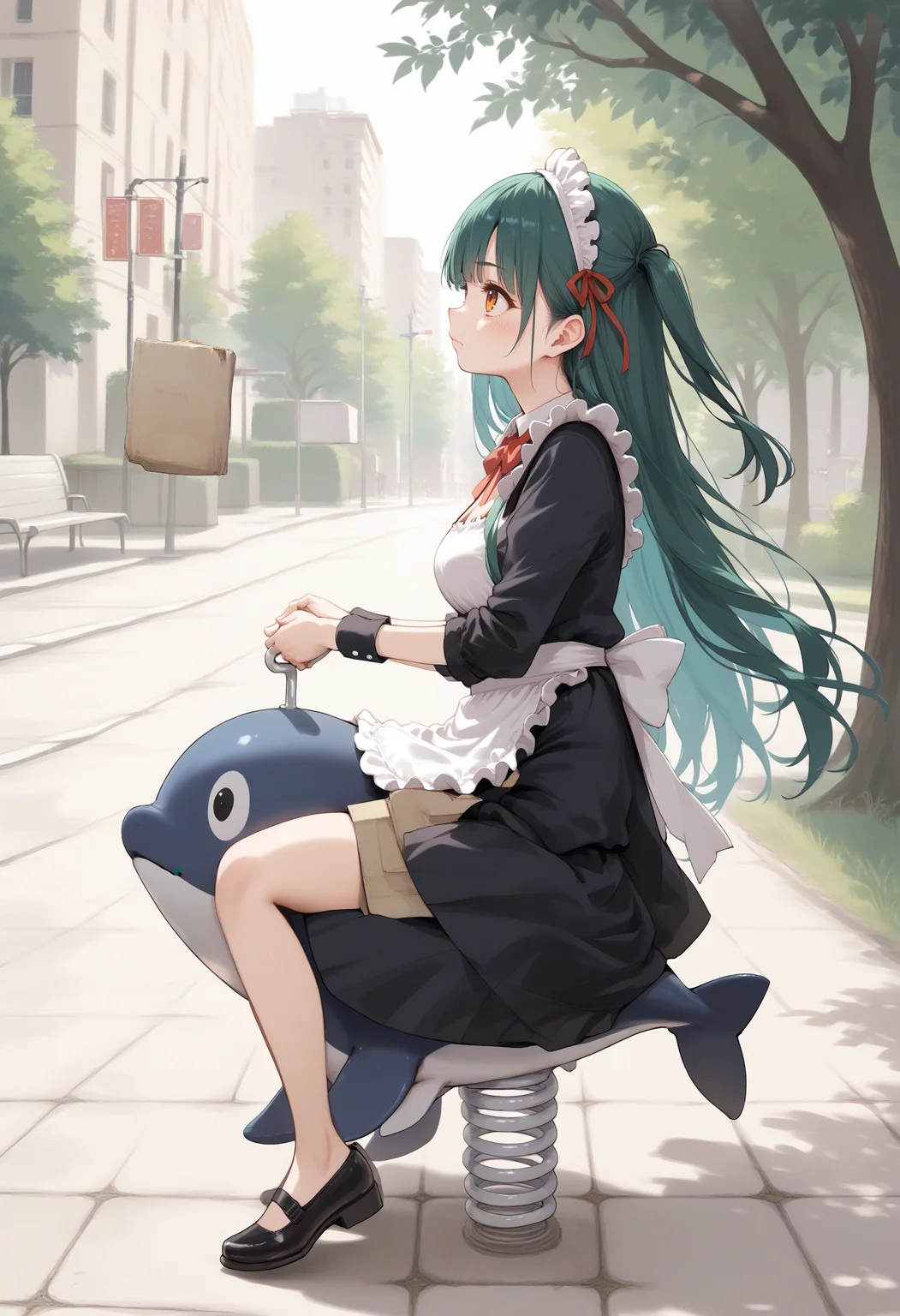 score_9, score_8_up, score_7_up, source_anime,
1girl,solo,medium breasts, maid, maid headdress,
spring rider,whale,sitting, shoes, riding, outdoors, holding, park,<lora:springrider_Pony_v1:0.8>
from side, panorama shot, looking up, green hair, orange eyes,envy, closed mouth, one side up hair,,