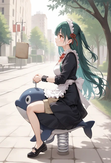 score_9, score_8_up, score_7_up, source_anime,
1girl,solo,medium breasts, maid, maid headdress,
spring rider,whale,sitting, shoes, riding, outdoors, holding, park,<lora:springrider_Pony_v1:0.8>
from side, panorama shot, looking up, green hair, orange eyes,envy, closed mouth, one side up hair,,