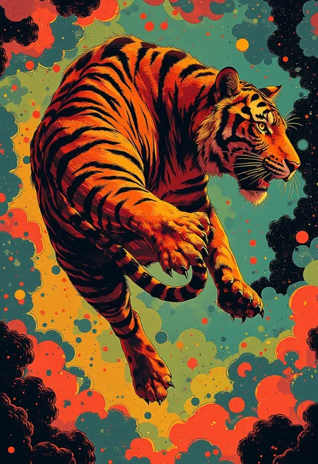 An intricately detailed artwork of a tiger in mid-leap, its form dispersing into a vortex of vibrant, colorful patterns. The bold orange and black fur morphs into swirling ribbons that twist and turn, creating a mesmerizing blend of color and movement. Bright, swirling shapes and mandala-like patterns expand outward, filling the entire frame in a surreal mix of natural and abstract. The tiger’s form is simultaneously fierce and dreamlike, fading into a dazzling array of colors and shapes that fill every inch of the composition with life. ((anime_martz, anime_retro, herbstphoto, herbst photo, S1n0z1ck style))