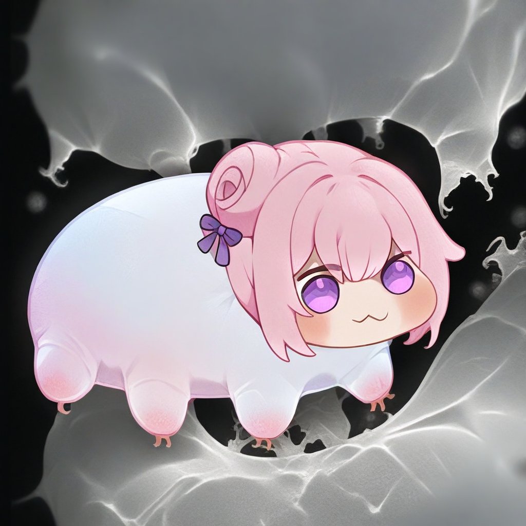 <lora:doro_xypher_amxl_v1:1>  doro, :3, chibi, solid circle eyes, no pupils, no humans, white skin, blush
, pink hair, purple eyes, single side bun, hair bow, microscopic
, masterpiece, best quality, very aesthetic, absurdres.  <lora:Tardi:0.75> (tardigrade:1.2)