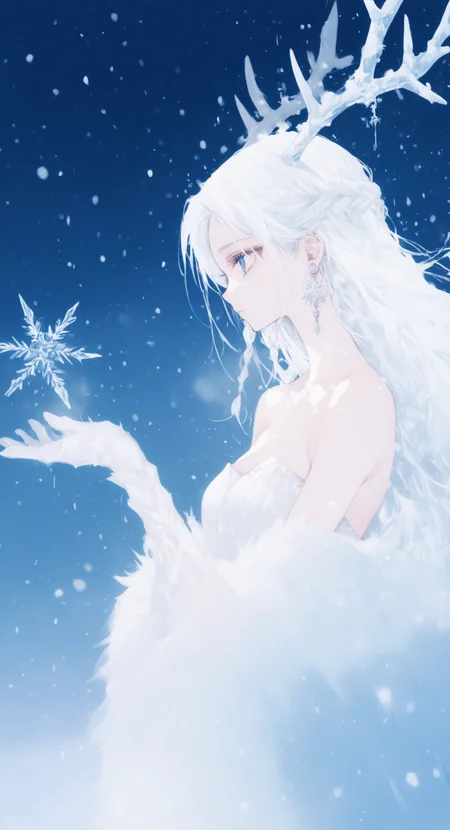 masterpiece,best quality,amazing quality,
1girl, solo, long hair, blue eyes, dress, closed mouth, jewelry, bare shoulders, white hair, braid, earrings, horns, white dress, from side, strapless, profile, blue background, strapless dress, snow, ice, snowing, antlers, snowflakes, tanemura arina,
ma1ma1helmes_b_illu, <lora:ponyv6_noobE11_2_adamW-000017:0.3> <lora:XXX667:0.6> <lora:96YOTTEA-WAI:0.5> <lora:TanemuraArinaIllustriousV1:0.8>