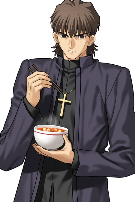 fatesnha, oekaki, solo, brown hair, 1boy, jewelry, brown eyes, male focus, necklace, transparent background, cross, oekaki, cross necklace, priest, cheekbones, cassock, kotomine kirei, mapo tofu, eating, food, holding chopsticks, holding bowl, 
(masterpiece, best quality, absurdres, highres, newest, very awa:1.2), 