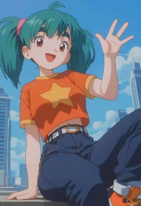 score_9, score_8_up, score_7_up, rating_explicit,1 girl, alone, cute, (voluptuous:1.2), PMDuplica, 1girl, solo, brown eyes, green hair, bangs, twintails, hair tie, thick eyebrows, short sleeves, t-shirt, orange shirt, star print, belt, jeans, orange footwear, sitting, looking at viewer, smile, open mouth, waving arms, BREAK, cityscape, blue sky, sunlight,