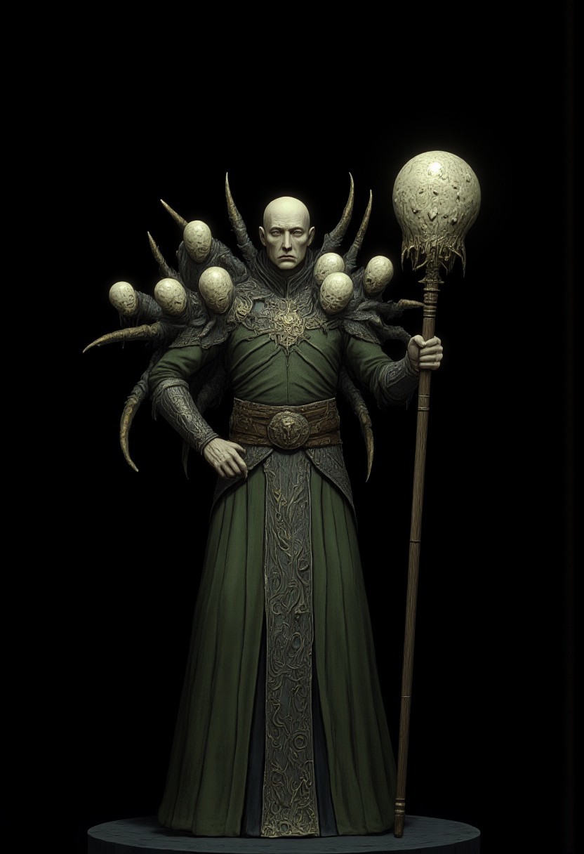 Standing in a hyper stanced extended action pose
a meddle aged bald medieval mage wearing a green tunic and a wizards staff made out of wood zbrush
Set against a solid dark black color background to emphasize its unsettling unnatural form that emphasizes its silhouette. The medium is not a traditional painting or illustrative medium like watercolor or ink but rather a digital 3D rendering.
MikeFranchinastyle, d4artstyle, d4concept, , bbstyle,, horror theme,, zbrush, ZBClay model of a gray sculpture, 1990's, 1990's style