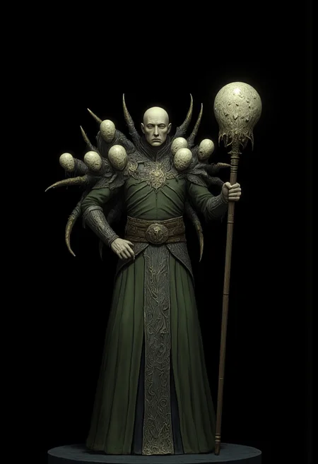 Standing in a hyper stanced extended action pose
a meddle aged bald medieval mage wearing a green tunic and a wizards staff made out of wood zbrush
Set against a solid dark black color background to emphasize its unsettling unnatural form that emphasizes its silhouette. The medium is not a traditional painting or illustrative medium like watercolor or ink but rather a digital 3D rendering.
MikeFranchinastyle, d4artstyle, d4concept, , bbstyle,, horror theme,, zbrush, ZBClay model of a gray sculpture, 1990's, 1990's style