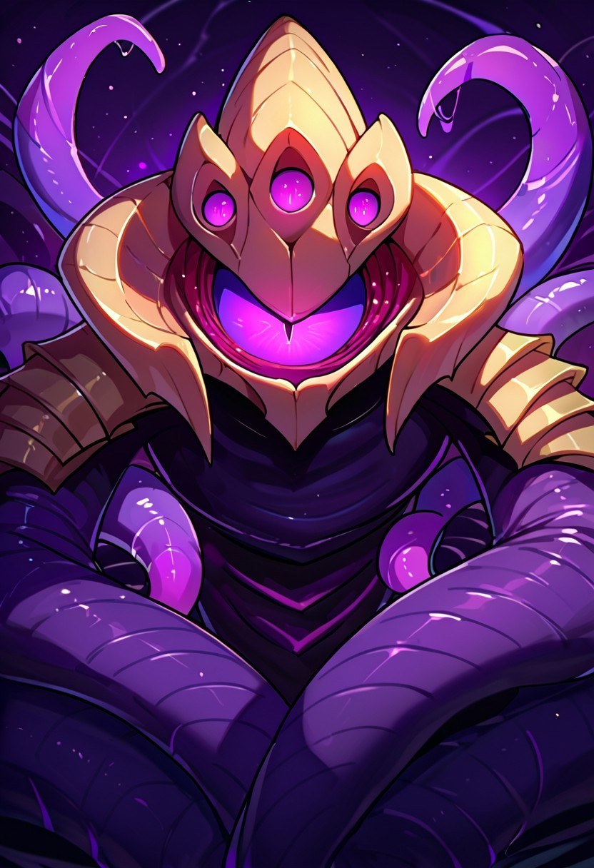 score_9, score_8_up, score_7_up, dark purple background, epic, solo, velkozpdxl, monster, male, purple eye, no facial features, mouthless, noseless, giant eye as head, tentacle limbs, reclining, half-length portrait, Expressiveh