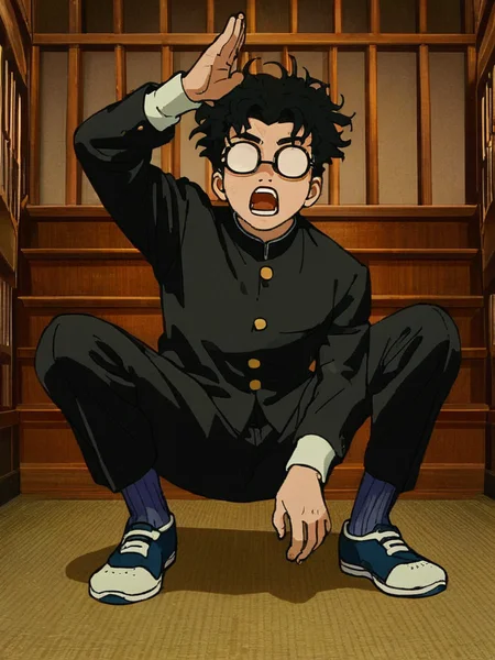 score_9, score_8_up, score_7_up, okarun, a cartoonish character in a black suit and glasses, sitting on the floor with a surprised expression, solo, open mouth, long sleeves, 1boy, full body, shoes, indoors, black pants, black shirt, black-framed eyewear, volumetric lighting   <lora:dandadan_pony_v1-1:0.9>