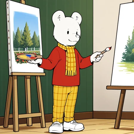 1boy, male, solo, no humans, black eyes, white fur, white nose, plaid pants, long sleeves, red shirt, yellow checkered pants, yellow checkered scarf, white shoes, indoors, smile, closed mouth, painting on a canvas in a garden, holding a brush and palette,
BREAK best quality, amazing quality, very aesthetic, absurdres, newest, masterpiece, mischievous, sharp focus, high detail, clear image, high resolution,
