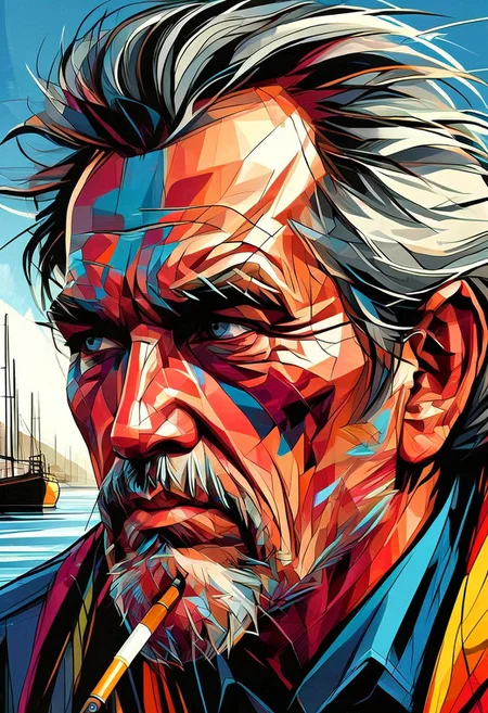 an old fisherman with a weathered face smoking a pipe on the quayside painting, extreme close up, portrait,