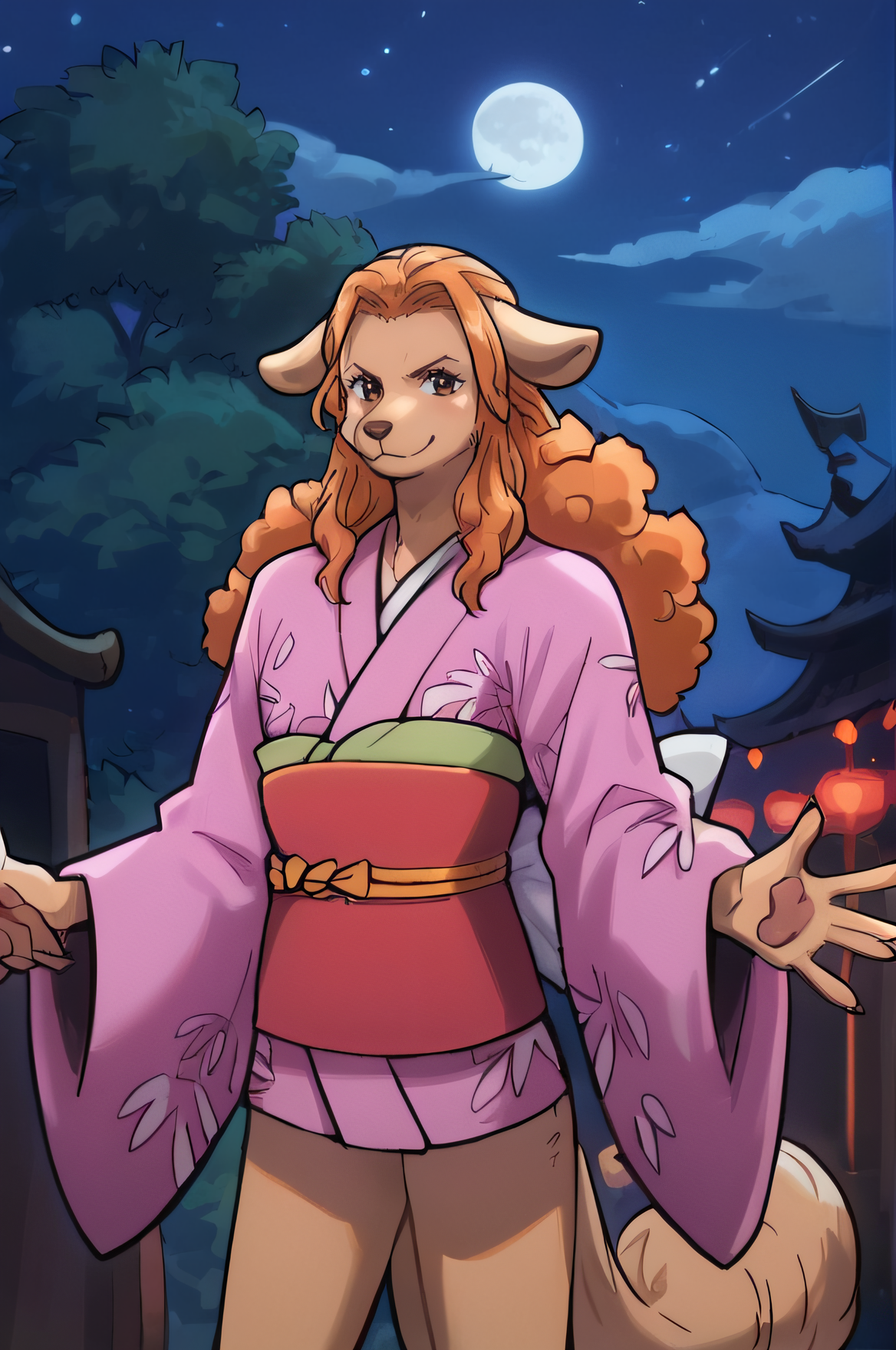 score_9, score_8_up, score_7_up,
wanda, dog girl, furry,body fur, brown fur, long hair, orange hair, brown eyes, animal ears, dog ears, tail, animal face, snout,
kimono, yukata, obi, summer festival, standing, cowboy shot, smile, closed mouth, night, reaching towards viewer, 
<lora:wanda-pony:0.85> <lora:Smooth Style 2 SDXL_LoRA_Pony Diffusion V6 XL:0.8>