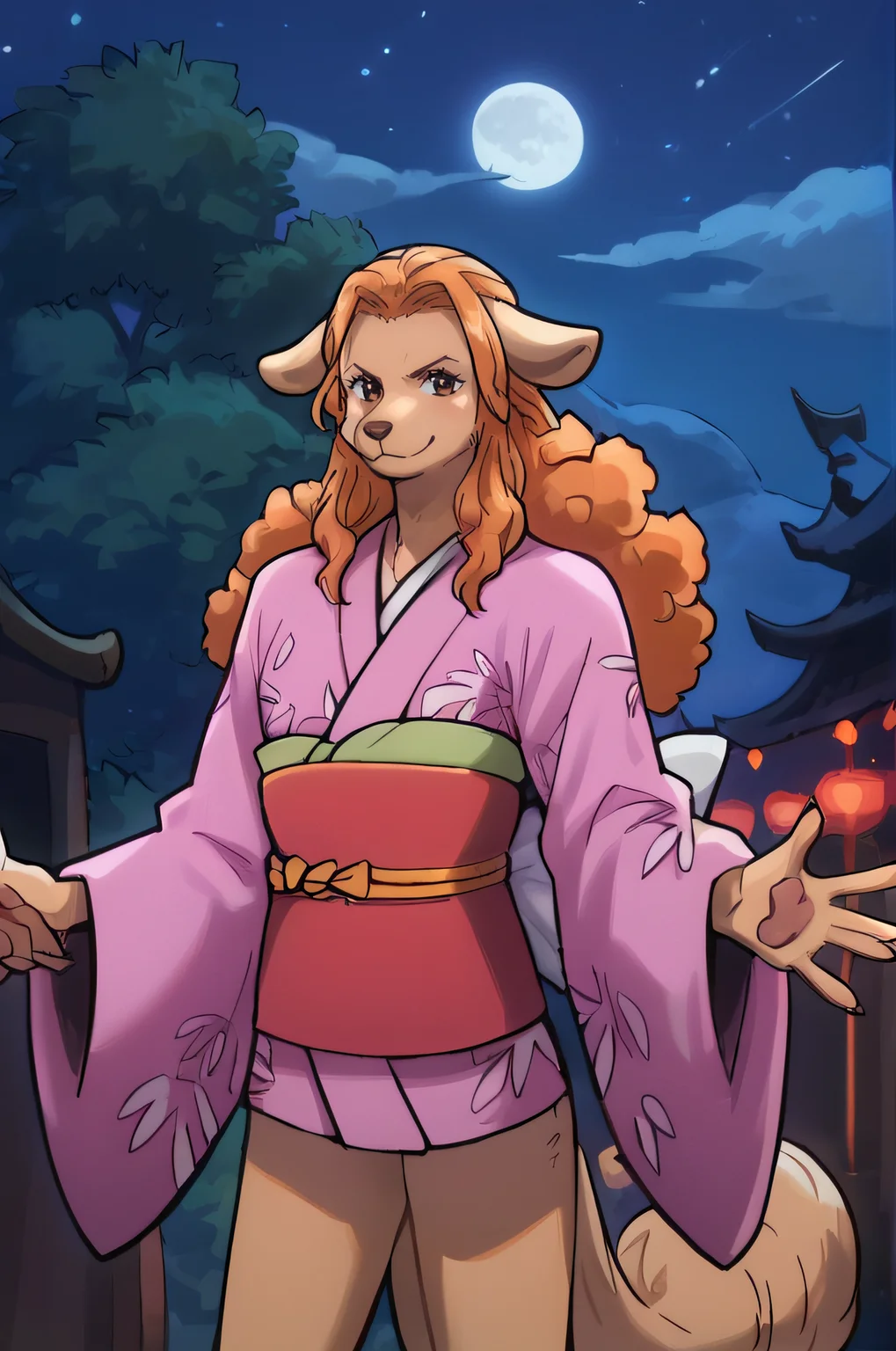 score_9, score_8_up, score_7_up,
wanda, dog girl, furry,body fur, brown fur, long hair, orange hair, brown eyes, animal ears, dog ears, tail, animal face, snout,
kimono, yukata, obi, summer festival, standing, cowboy shot, smile, closed mouth, night, reaching towards viewer,
<lora:wanda-pony:0.85> <lora:Smooth Style 2 SDXL_LoRA_Pony Diffusion V6 XL:0.8>