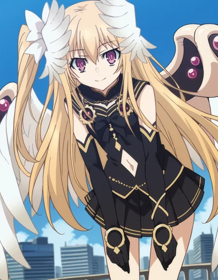 score_9, score_8_up, score_7_up, source_anime,
dalmayuri, <lora:dal-mayuri-movie-ponyxl-lora-nochekaiser:1>,
mayuri, long hair, blonde hair, hair between eyes, hair bow, one side up, bow, purple eyes,
gloves, dress, navel, wings, elbow gloves, black dress, clothing cutout, head wings, skirt, black skirt, pleated skirt,
outdoors, cityscape, bent over, smile,
solo, dutch angle, looking at viewer, cowboy shot,