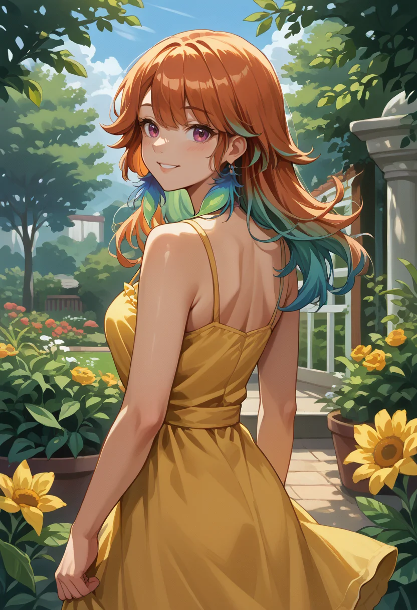 score_9, score_8_up, source_anime, TakanashiKiara, long hair, gradient hair, hair between eyes, feather earrings, from behind, yellow sundress, garden, day, sunshine, smile, looking back, <lora:ChamTakanashiKiaraV2PonyXL:1>