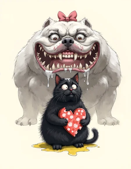 Caricature, A whimsical, hand-drawn illustration of an extremely chubby, scruffy black cat with disheveled fur sticking out in all directions. The cat has an adorably confused expression, with wide, round eyes that seem to stare blankly, and its mouth slightly ajar as if unsure of whatâs happening. Its plump body spills out around its tiny paws, which are clutching a large, heart-shaped piece of bright red sausage with white speckles resembling salami. A small piece was torn off from the sausage.. The catâs bushy tail curls awkwardly around its round body, and tufts of messy fur float around, enhancing its frazzled look. The background is a soft, light beige. The overall style is sketchy, with thin, uneven lines that add to the humorous and charming feel of the illustration
in the background in the fog you can see the silhouette of a giant muscular dog with a bow on its head, it bares its huge teeth, as if it is about to bite, its gaze is directed downwards and drool from its mouth hangs almost to the ground
<lora:Sketch:1> , exaggerated, comical, caricature