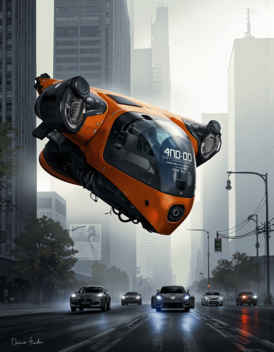 Daniel Hahn art. A futuristic, sci-fi digital illustration shoot from a low-angle perspective about a futuristic cityscape with a futuristic flying vehicle and several other vehicles in the foreground. the scene is set in a city with tall skyscrapers and a foggy atmosphere, with a dramatic lighting effect. in the center of the image, a large, orange and black flying vehicle with a digital display that reads "4n:00" is suspended in mid-air, surrounded by smaller, smaller vehicles. the vehicle has a sleek, futuristic design with a pointed nose and a large cockpit, and is equipped with a camera that can be seen from the front. it is positioned in the middle of the frame, with four smaller vehicles below it, including a small, sleek car and a larger one. the vehicles are driving on a wet, urban street, with the cityscape in the background featuring tall buildings and a sense of depth and atmosphere. the image has a high-tech, futuristic aesthetic with a focus on the vehicles and the futuristic setting.