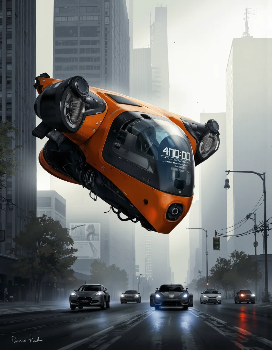 Daniel Hahn art. A futuristic, sci-fi digital illustration shoot from a low-angle perspective about a futuristic cityscape with a futuristic flying vehicle and several other vehicles in the foreground. the scene is set in a city with tall skyscrapers and a foggy atmosphere, with a dramatic lighting effect. in the center of the image, a large, orange and black flying vehicle with a digital display that reads "4n:00" is suspended in mid-air, surrounded by smaller, smaller vehicles. the vehicle has a sleek, futuristic design with a pointed nose and a large cockpit, and is equipped with a camera that can be seen from the front. it is positioned in the middle of the frame, with four smaller vehicles below it, including a small, sleek car and a larger one. the vehicles are driving on a wet, urban street, with the cityscape in the background featuring tall buildings and a sense of depth and atmosphere. the image has a high-tech, futuristic aesthetic with a focus on the vehicles and the futuristic setting.
