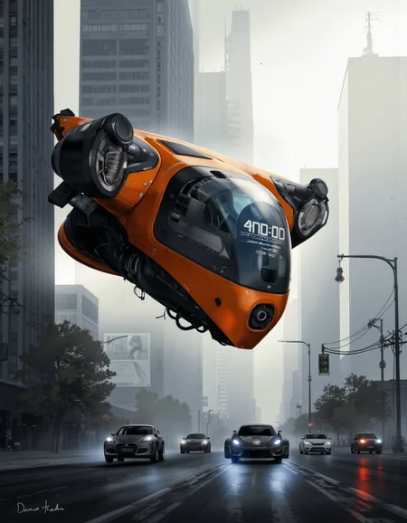 Daniel Hahn art. A futuristic, sci-fi digital illustration shoot from a low-angle perspective about a futuristic cityscape with a futuristic flying vehicle and several other vehicles in the foreground. the scene is set in a city with tall skyscrapers and a foggy atmosphere, with a dramatic lighting effect. in the center of the image, a large, orange and black flying vehicle with a digital display that reads "4n:00" is suspended in mid-air, surrounded by smaller, smaller vehicles. the vehicle has a sleek, futuristic design with a pointed nose and a large cockpit, and is equipped with a camera that can be seen from the front. it is positioned in the middle of the frame, with four smaller vehicles below it, including a small, sleek car and a larger one. the vehicles are driving on a wet, urban street, with the cityscape in the background featuring tall buildings and a sense of depth and atmosphere. the image has a high-tech, futuristic aesthetic with a focus on the vehicles and the futuristic setting.