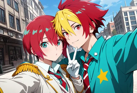 masterpiece, best quality, amazing quality, absurdres, newest, detailed background, definition so sharp, Ultra-HD, 8K cinematic, very awa, impressionate, amazing quality, highres,
duo, couple focus, different high, different size, side by side, v, selfie, upper body, day, blue sky, outdoor,
BREAK
1boy, kagayakibishounen, takuto_red eyes, takuto,red hair, short hair, takuto_gingabishounen, two-toned hair, dyed bangs, coat, ascot, epaulettes, aiguilette, star (symbol), gloves, white shirt,
BREAK
1girl, amate yuzuriha,aqua shirt,striped necktie,white sweater,