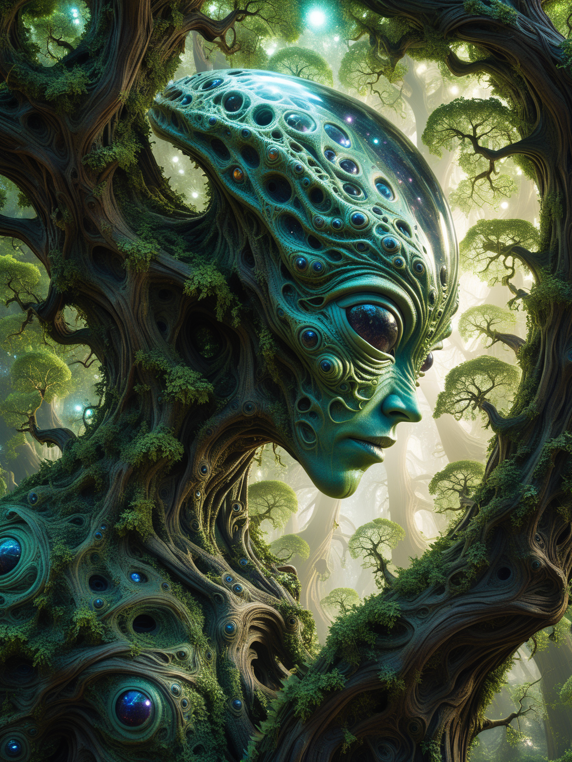 Envision an alien character, its skin textured like the bark of ancient trees, wandering through a fractal forest. The forest is lush with swirling, geometric trees, their branches creating intricate patterns in the sky. The alienâs eyes are pools of cosmic energy, reflecting the surreal landscape. Droplets of liquid stars fall from the leaves, adding a dynamic element to the scene. The graphite adds depth and shadows, while the ink outlines and defines, creating a harmonious and otherworldly composition.
 <lora:fractal-art.v1:1>