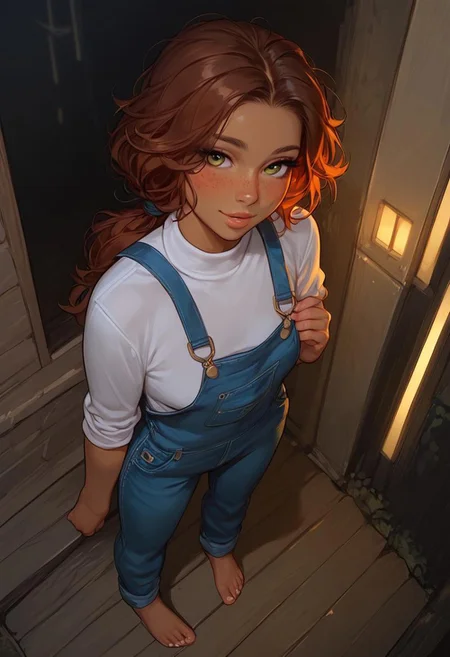 score_9, score_8_up, score_7_up, score_6_up, score_5_up, score_4_up, Expressiveh, 18 year old girl, (((cute innocent girl))), beautiful face, ((full pouty lips)), ((petite)), slender body, skinny girl with small breasts, ((tomboy)), barefoot, perky breasts, (breasts apart:0.5), ((freckles)), ((perfect lips)), slim legs, medium AUBURN hair, messy hair, (low ponytail), blushing, flawless skin, tan skin, (tan lines), posing, ((wearing overalls, fully clothed)), looking at viewer, (slight smile, small smile), lips parted:1.5, looking content, professional lighting, standing, full body silhouette, wide angle, from front, viewed straight on, outside, cloudy sky
