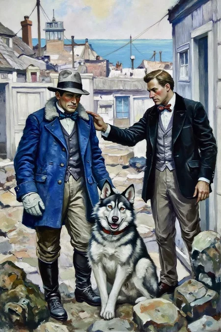 schoonover1 illustration.
Two men stand in a small, rustic coastal village. The man on the left wears a dark blue, worn coat with a fur-lined hood, a wide-brimmed hat, and gloves, suggesting cold weather. He is assisting a large, husky-like dog with a thick white coat and piercing eyes. <lora:schoonover1_cap_d6a3e11:1.0><lora:831467868781547696:0>