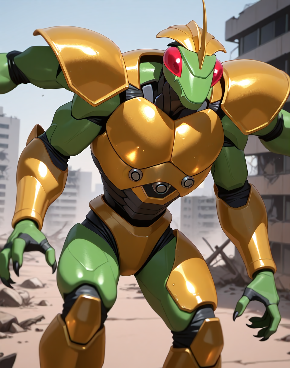 <lora:Ultimate_Katris_(Shinzo)_(Illustrious)_(AD):1.15> Ultimate Katris, muscular, mantis, Shinzo, 
((
exterior, bent leg, anime post apocalyptic city, destroyed buildings, destroyed skyscrapers, cowboy shot,
dynamic action, insect anthro, male focus, strong warrior, manly, bounty hunter, villain, glossy gold armor, green body, manly, masculine, 4arms, 
)), 
BREAK: very awe, aesthetically pleasing, masterpiece, best quality, amazing quality, very aesthetic, perfect depth of field shot, gradient coloring, subsurface reflections, source_furry, furry_art, vivid colors, source_anime, masterclass anime,
masterpiece, best quality, amazing quality, very aesthetic, high resolution, ultra-detailed, absurdres, newest, scenery, {Prompt}, BREAK, detailed background, volumetric lighting,
BREAK: lazympos, lazypos (3), lazyreal,