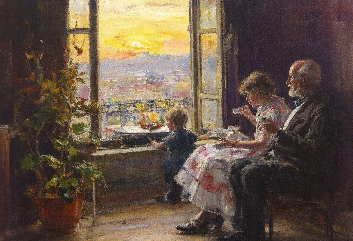 [old couple, 1girl, 1boy], France 1930s-1940s, sitting in front of a window, 2nd floor, watching the street below, 
sunrise, sunshine, indoor, room, wooden floor, potted plant, window shade, window, sitting, table, chair, tea, 
BREAK, 
[art by Huang Guangjian and Giovanni Boldini], 
contemporary, Impressionism, landscapes, oil-painting, Italian, portraits, painting, figure-studies, elegance, opulence, everyday-life, 
impressionist painting, loose brushwork, vibrant color, light and shadow play, captures feeling over form, 
fragment, intricate embroidery, glowing, abstract, splash oil knife brush, 
beautiful, detailed, textural, artistic, vivid, vibrant, very aesthetic, intricate details, highly detailed, ultra-detailed, absurdres, 
Fechin, oil painting, IMPRESSIONISM, Oil Paintings by Nicolai Fechin,