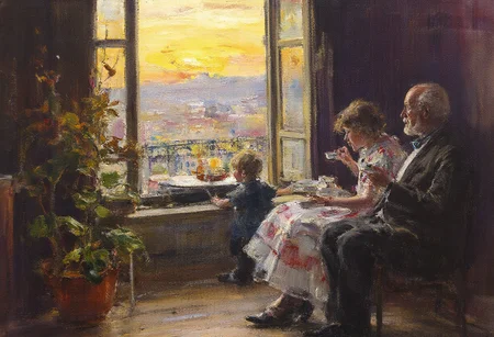 [old couple, 1girl, 1boy], France 1930s-1940s, sitting in front of a window, 2nd floor, watching the street below, 
sunrise, sunshine, indoor, room, wooden floor, potted plant, window shade, window, sitting, table, chair, tea, 
BREAK, 
[art by Huang Guangjian and Giovanni Boldini], 
contemporary, Impressionism, landscapes, oil-painting, Italian, portraits, painting, figure-studies, elegance, opulence, everyday-life, 
impressionist painting, loose brushwork, vibrant color, light and shadow play, captures feeling over form, 
fragment, intricate embroidery, glowing, abstract, splash oil knife brush, 
beautiful, detailed, textural, artistic, vivid, vibrant, very aesthetic, intricate details, highly detailed, ultra-detailed, absurdres, 
Fechin, oil painting, IMPRESSIONISM, Oil Paintings by Nicolai Fechin,