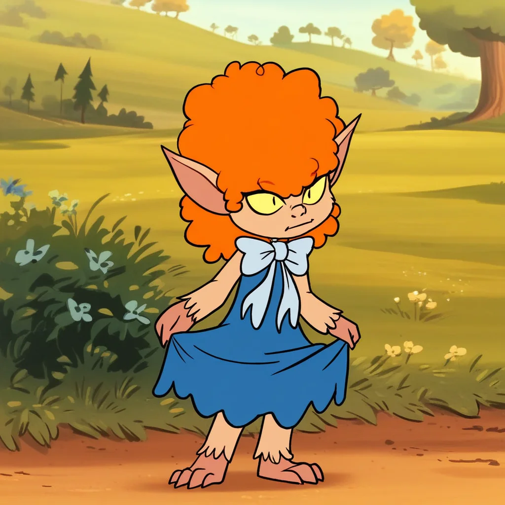 score_9, solo, winnie, orange hair, curly hair, furry, pointy ears, dress, bow, outdoors