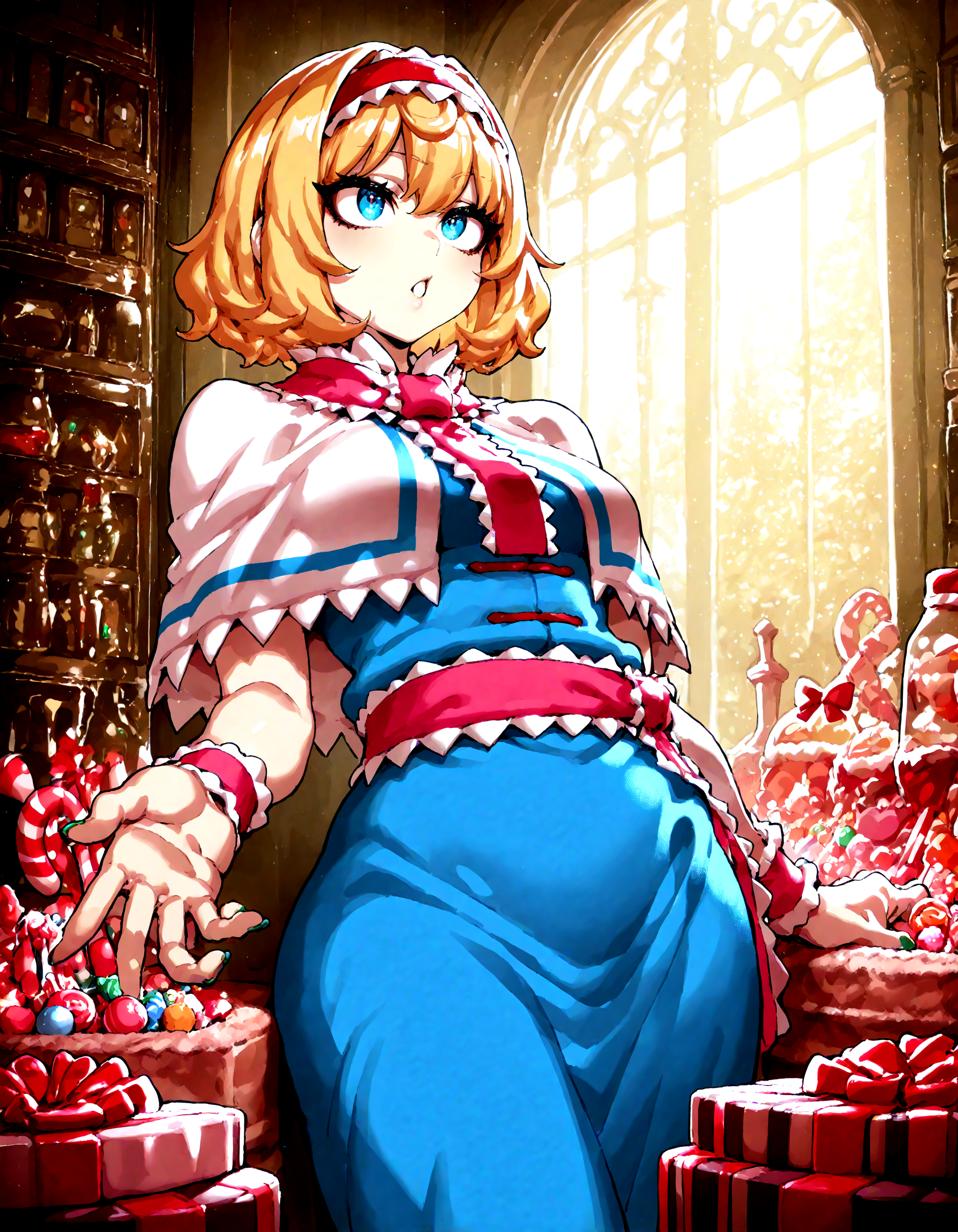1girl , alice_margatroid , CHRC4ND7,  candy, detailed background,
,Fishine, dekosukentr, ireading:0.7,
,masterpiece, best quality, newest, absurdres, highres,
<lora:illustrious_noobai_epsilon_pred_1_best_quality_v1:0.4> ,<lora:illustrious_noobai_epsilon_pred_1_masterpieces_v1:0.4>, <lora:illustrious_noobai_epsilon_pred_11_very_aesthetic_v1:0.4>, <lora:ponyv5_noobV065S_1_adamW:0.6>, <lora:add-detail-xl:0.4>, <lora:GEN(illust) 0.2v:0.6>,<lora:cfg_scale_boost:0.4>, <lora:Christmas_Candy:1>