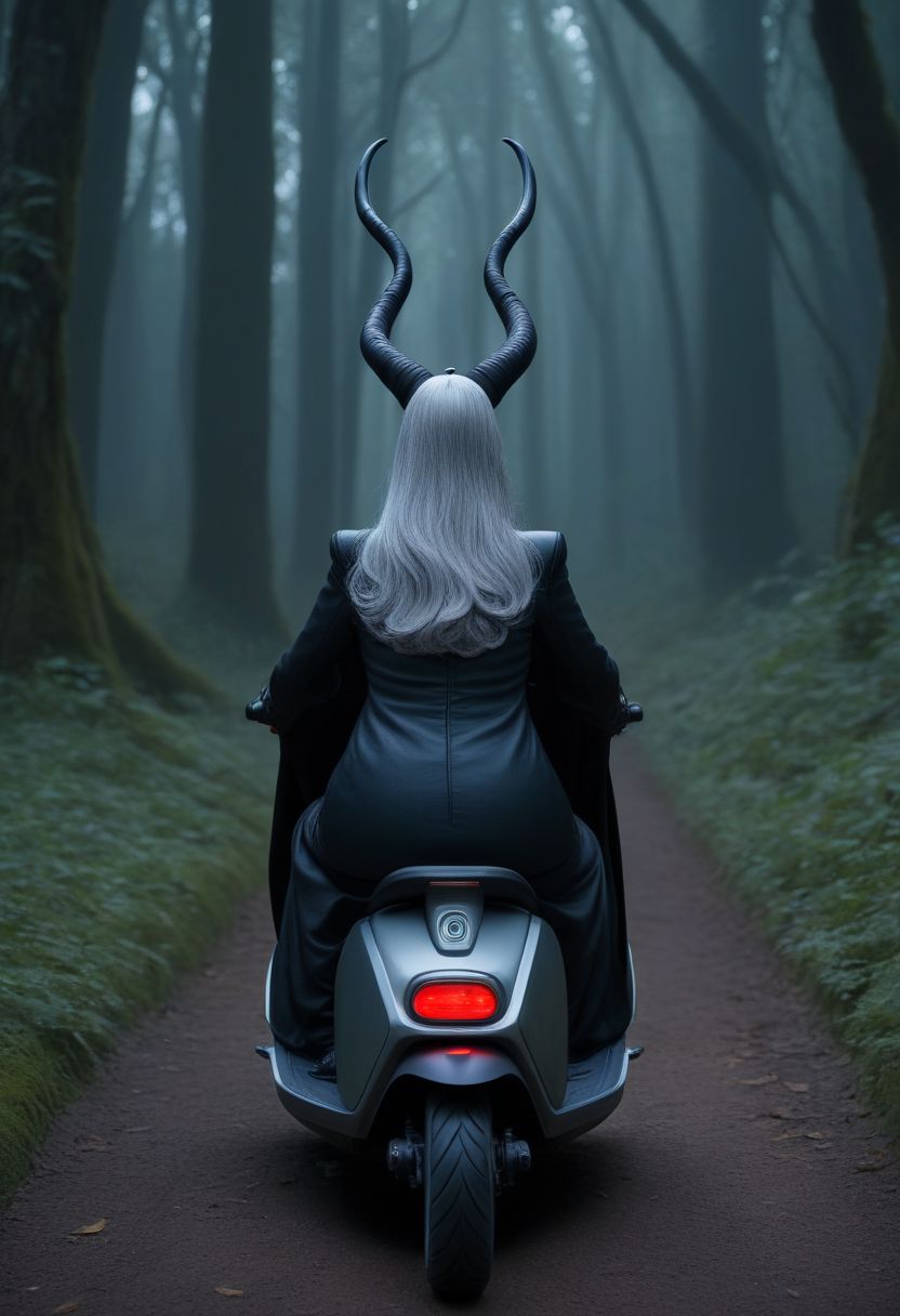 Masterpiece, detailed, animation, rear_view, 60 years old, solo, long gray hair, curvy, tall, Maleficent, on a senior mobility scooter, dark forest,  lots of detail, hands hidden or out of view, leather clothes.