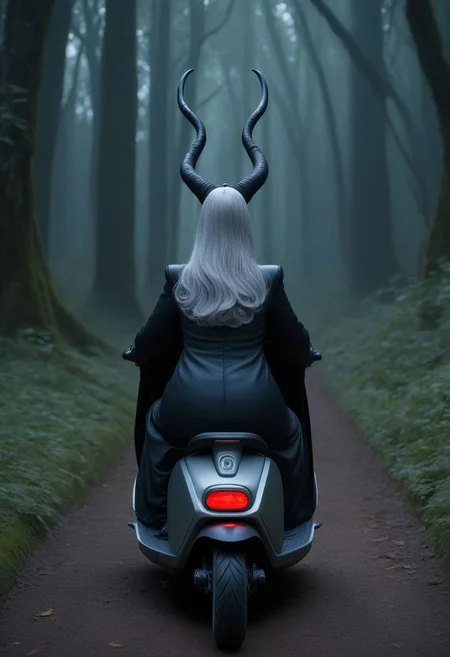 Masterpiece, detailed, animation, rear_view, 60 years old, solo, long gray hair, curvy, tall, Maleficent, on a senior mobility scooter, dark forest,  lots of detail, hands hidden or out of view, leather clothes.