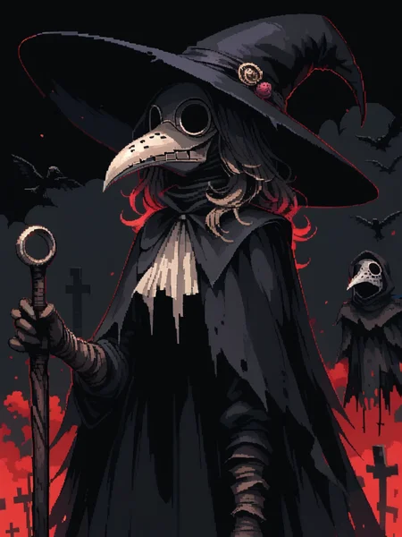 <lora:PlagueDoctor-000008:0.5> plague doctor, pl@gu3,mask, black eyesockets, black eyes,
skinny black background, red outline, 1girl,hat,
<lora:d3p1x3lXLP:1> d3p1x3l, pixel art