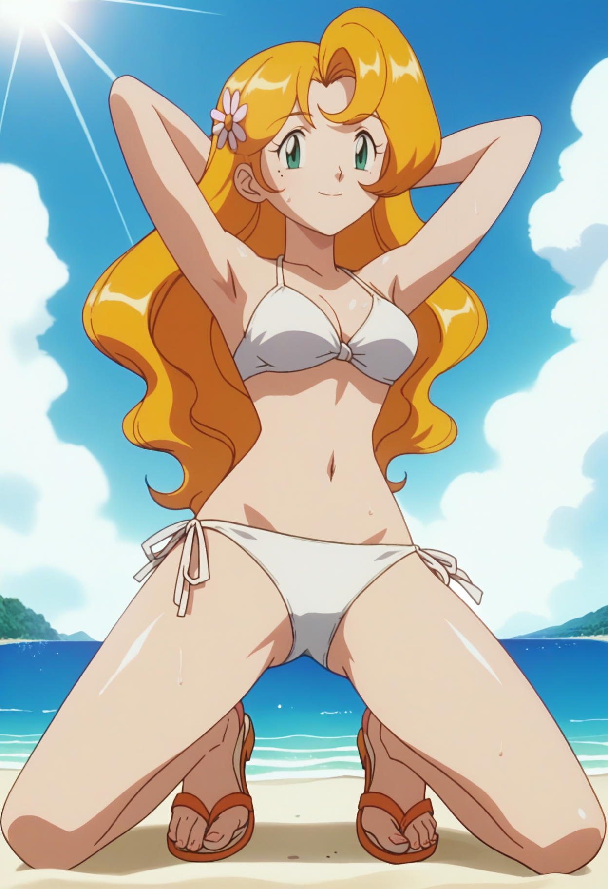 score_9, score_8_up, score_7_up, score_6_up, anime screencap, anime coloring, 1girl, solo, <lora:PMSensationalSisters_epoch_10:0.8>, PMDaisy, blonde hair, long hair, green eyes, hair flower, mole under eye,
white bikini, sandals, side-tie bikini bottom, 
smile, looking at viewer, kneeling, from below, shiny skin, sweat, legs apart, arms behind head, 
BREAK beach, sunbeam, sunlight, day, sky,