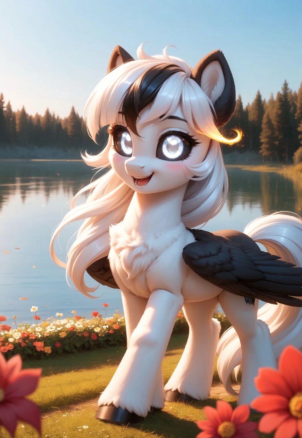 score_9, score_8_up, score_7_up, score_pony, zPDXL3, fluffy, masterpiece, best quality, ultra-detailed, 8K UHD, cinematic lighting, hyper realistic shading, volumetric light, high contrast, HDR, depth of field, intricate textures, finely detailed fur, blush, 
BREAK
Albina, 1girl, wild pony, pony, (white fur:1.1), (white long hair:1.2), black sclera, white eyes, (glowing white eyes:1.4), (black wings:1.1), (black ears:1.1), background of a clearing with flowers, [[lake]], cute face, dynamic pose, dynamic angle, 
BREAK 
(masterpiece:1.3), (best quality:1.3), (highly detailed:1.3), (ultra-detailed face:1.4), (sharp expressive eyes:1.3), (perfect anatomy:1.2), (realistic lighting:1.2), (dynamic shadows:1.1), (hyper-detailed fur texture:1.4), (soft lighting:1.3), (Unreal Engine 5 render style:1.3), (cinematic depth of field:1.2), (4k resolution), (beautifully color graded:1.1), (smooth shading), (glowing highlights:1.2), (crispy lineart)